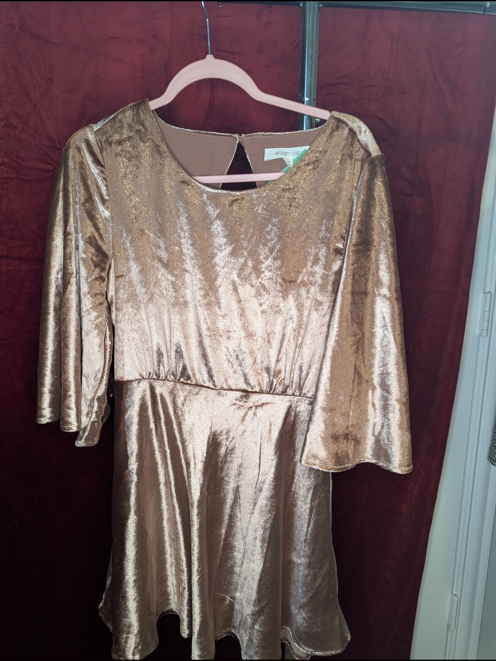 Shabby Chic Metallic Gold Velvet Midi Dress